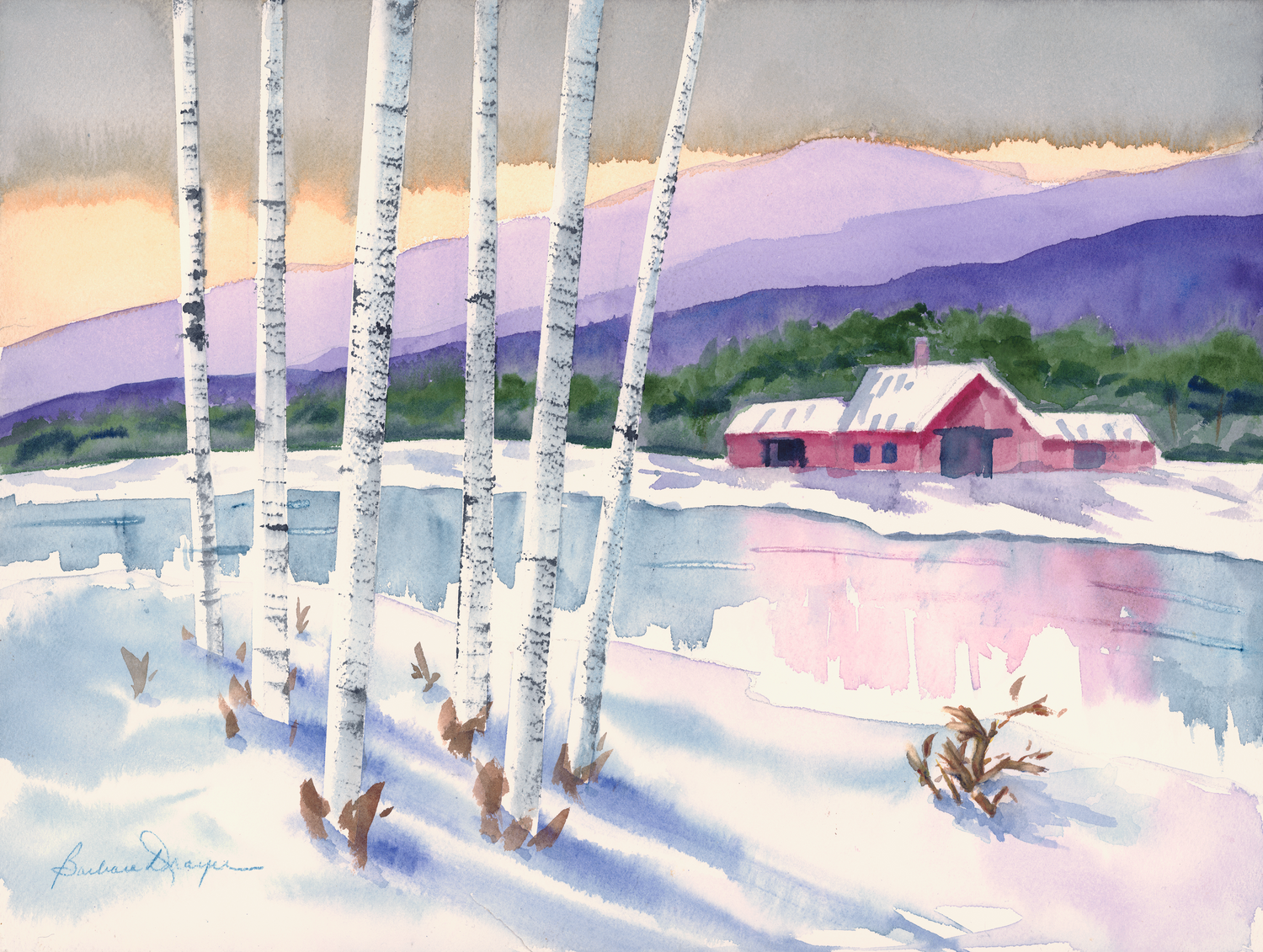 Winter White Trees and a Barn by Barbara Drayer