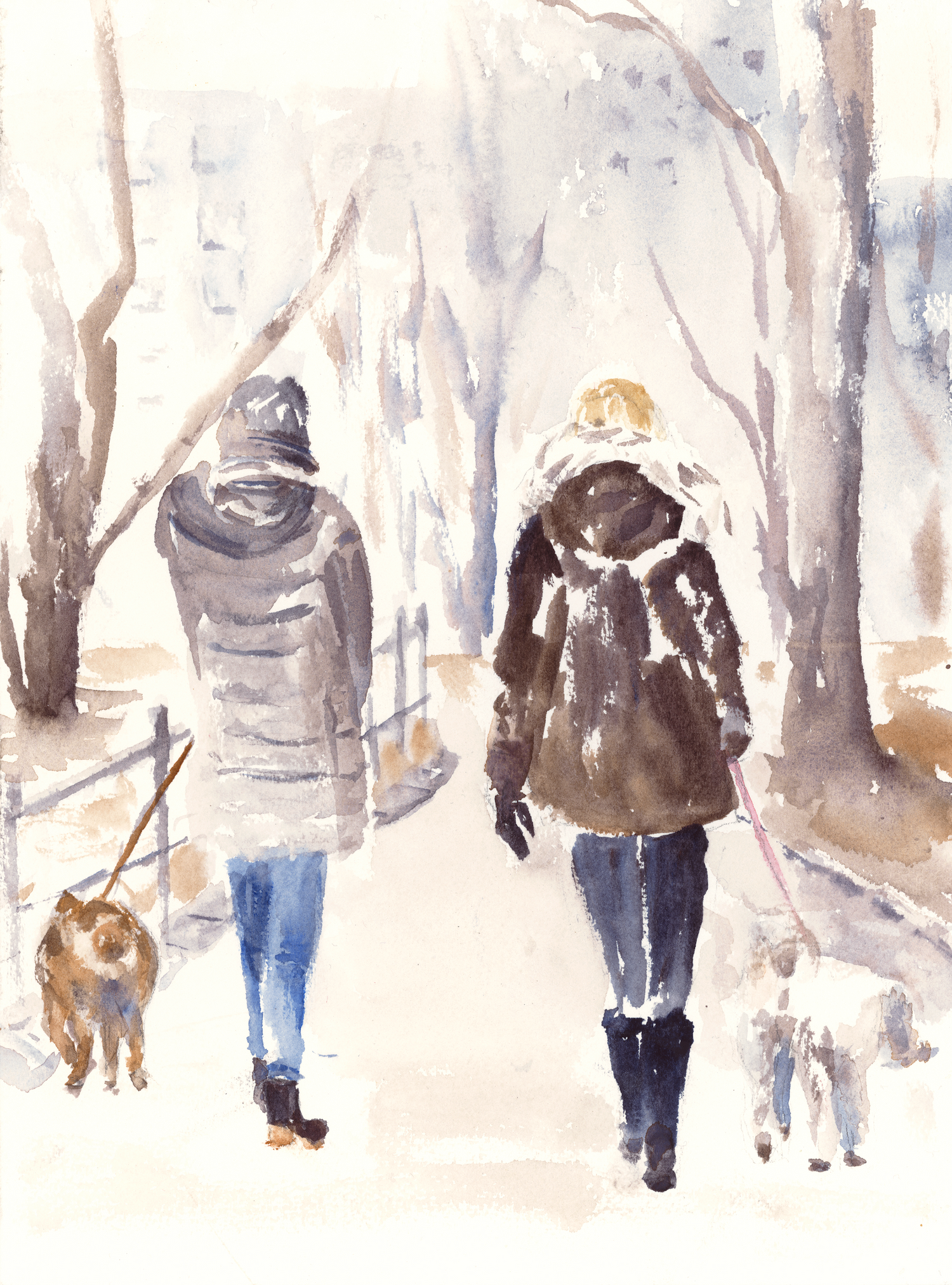 Two Women Walking Their Dogs in The Park by Barbara Drayer