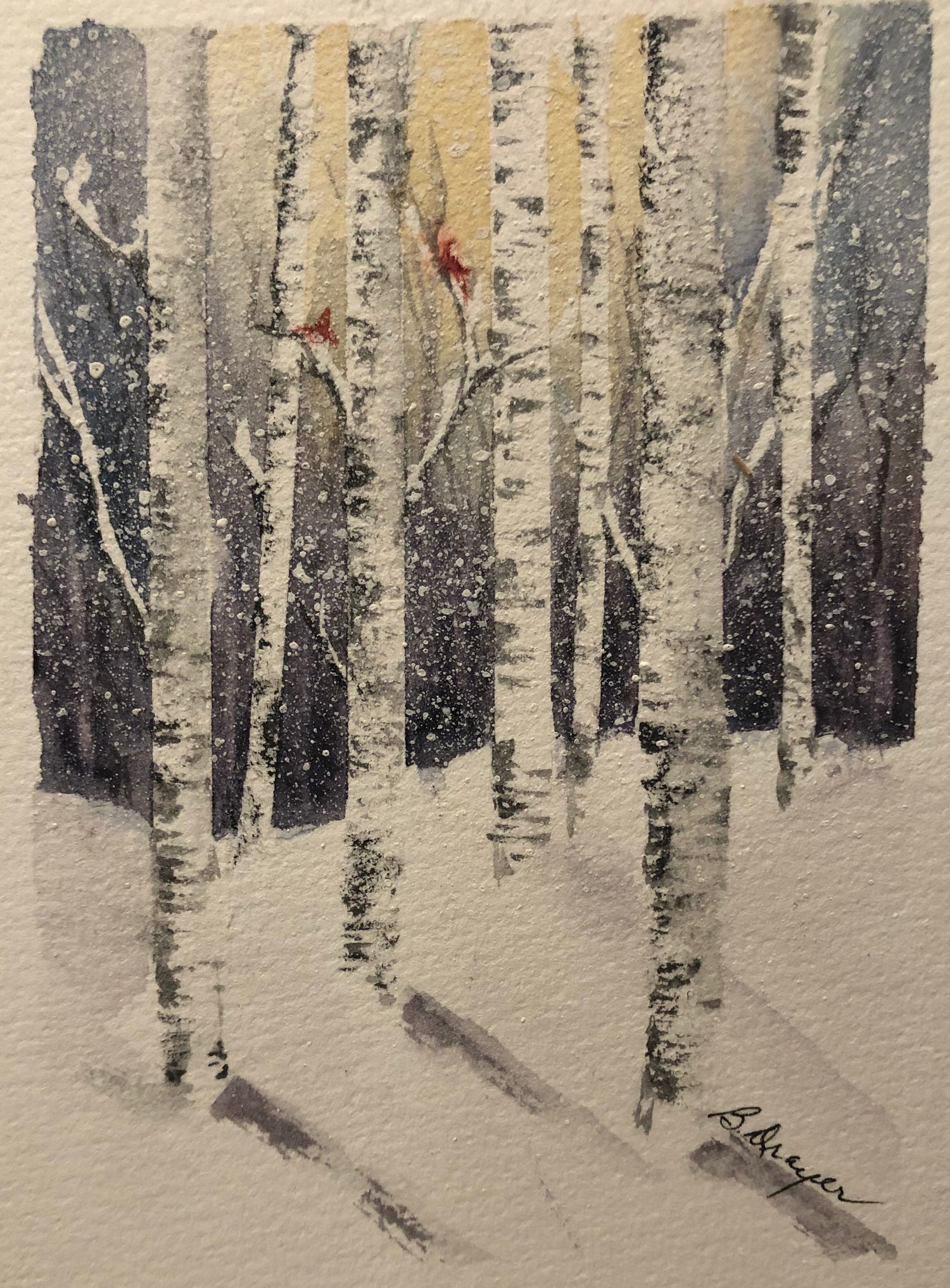 White Winter Trees with Two Red Birds by Barbara Drayer