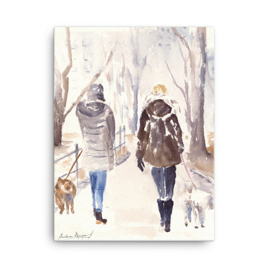 Two Women Walking Their Dogs in The Park by Barbara Drayer