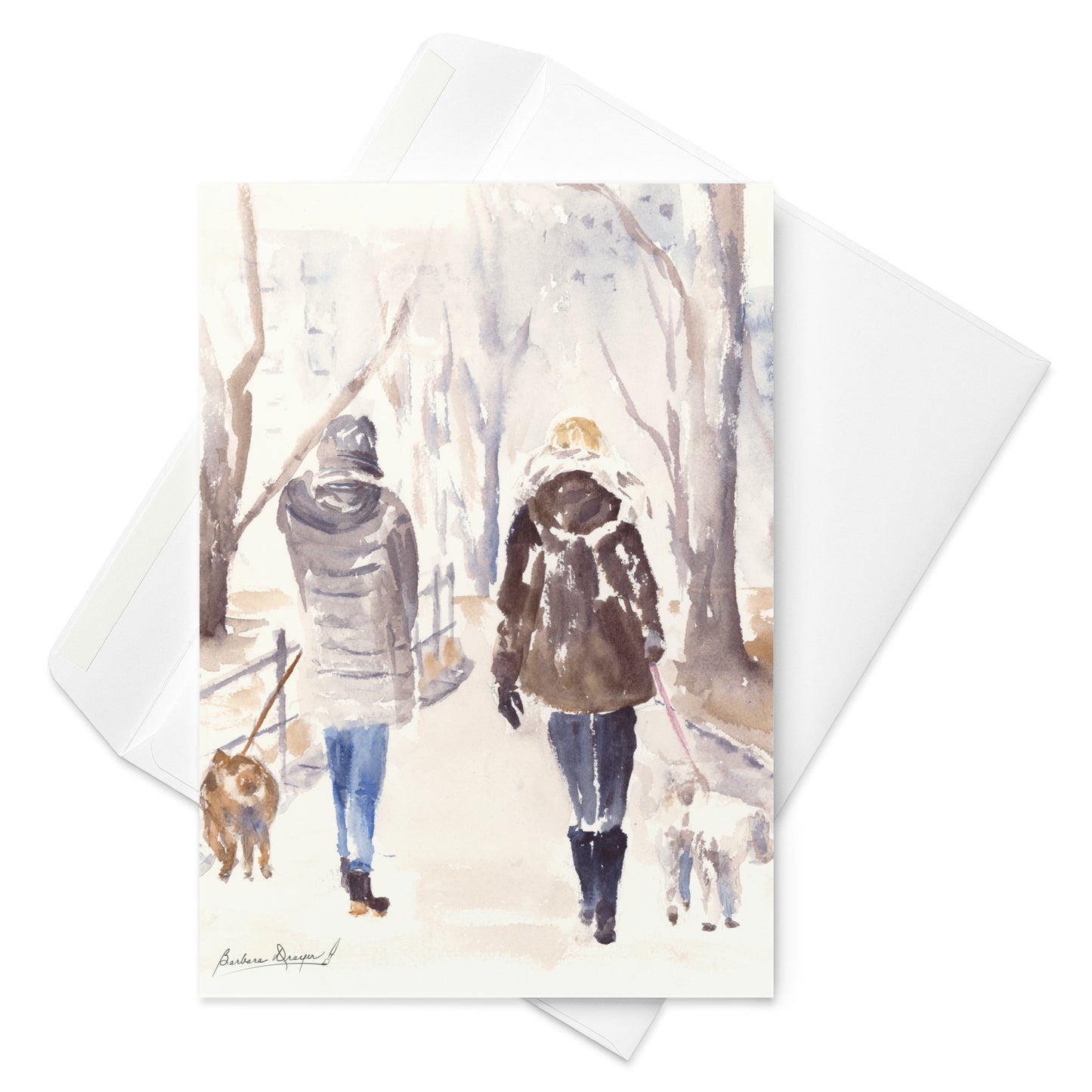 Two Women Walking Their Dogs in The Park by Barbara Drayer